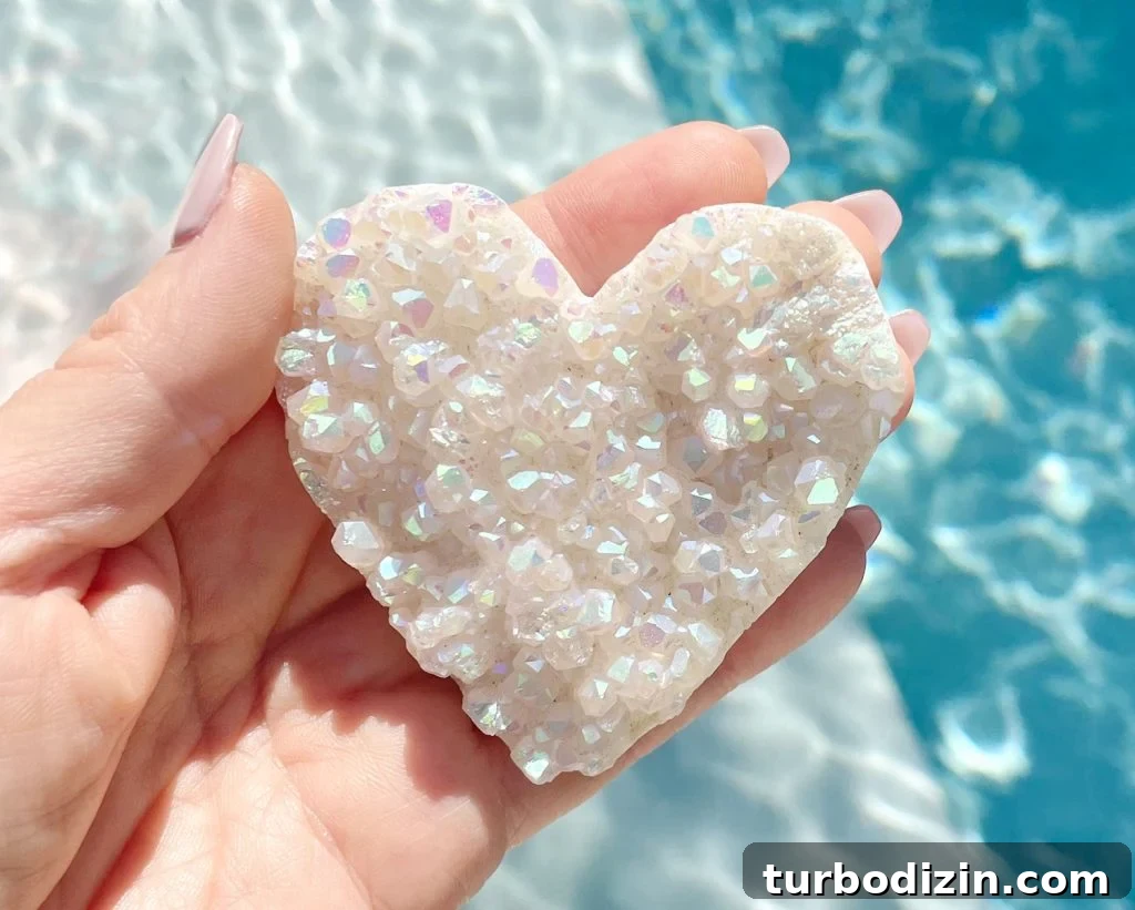 Aura Quartz Crystal Meaning, Properties & Healing Uses 4 Hand Holding Rainbow Angel Aura Quartz Heart Shaped Gemstone