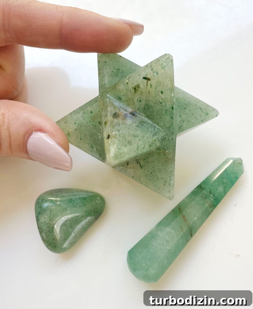 Green Aventurine Meaning & Properties: Uses, Benefits, and Care 5 Various shapes of green aventurine crystal including a merkaba asteroid polished stone and polished point