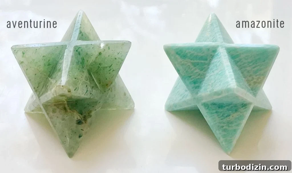 Green Aventurine Meaning & Properties: Uses, Benefits, and Care 6 Side by side comparison of aventurine and amazonite crystals