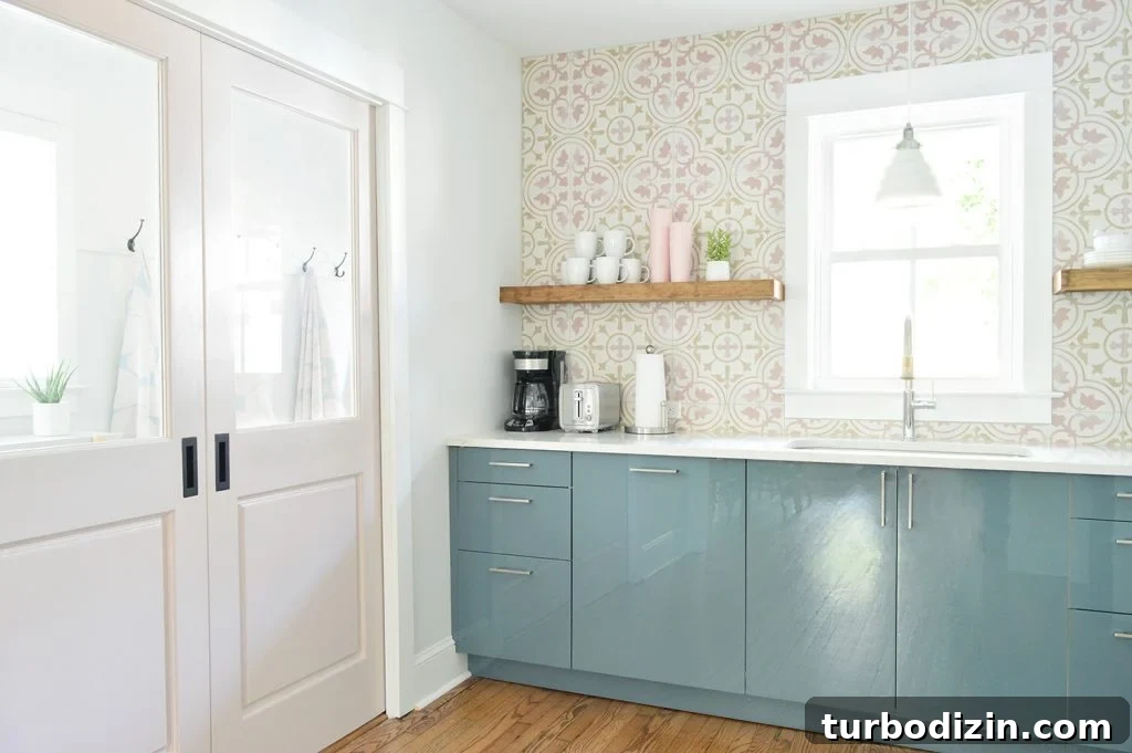 How to Install Floating Kitchen Shelves: Step-by-Step Guide 12 Floating Kitchen Shelves In Colorful Kitchen With Pink Tile And Blue Cabinets