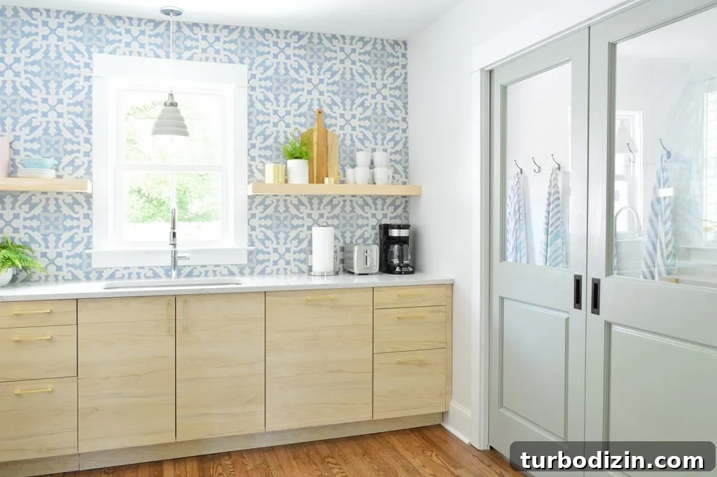 How to Install Floating Kitchen Shelves: Step-by-Step Guide 13 Floating Kitchen Shelves In Wood Toned Kitchen With Blue Backsplash