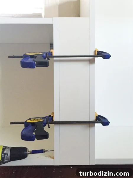 Built-In Cabinet Guide: Design, Installation, and Tips 7 how to add filler pieces to Ikea cabinets using clamps and screws