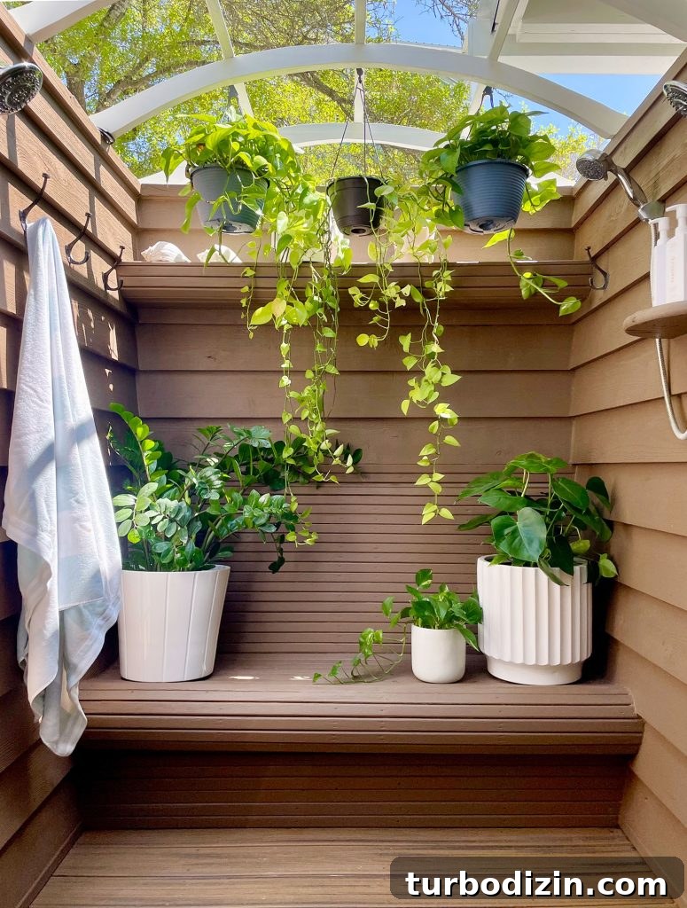 Outdoor Shower With Solid Stain Behr Tugboat Walls And Plants