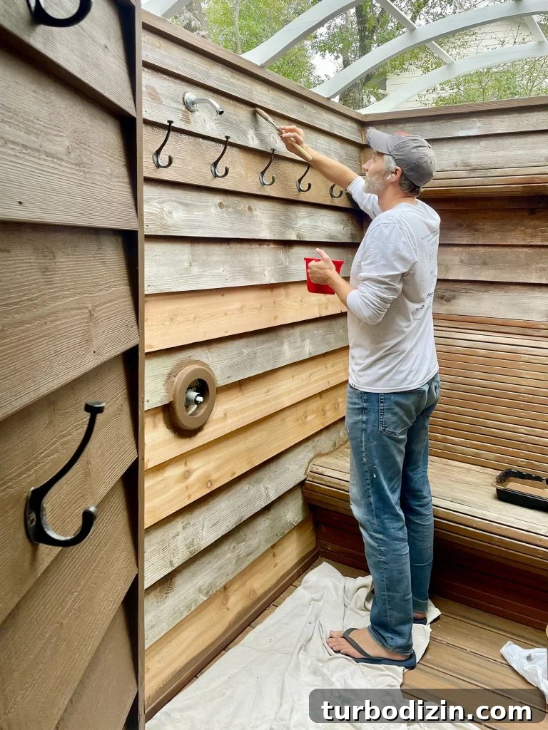 John Brushing Behr Solid Stain On Cedar Outdoor Shower Walls