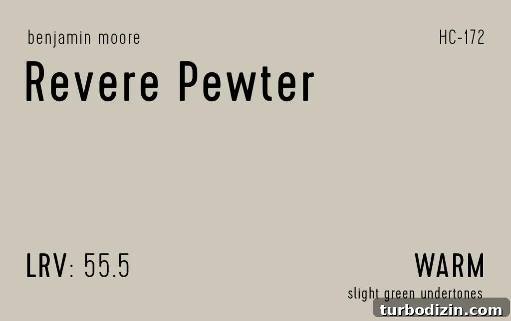 9 Expert-Recommended Greige Paint Colors You’ll Love 11 Benjamin Moore Revere Pewter Information Swatch