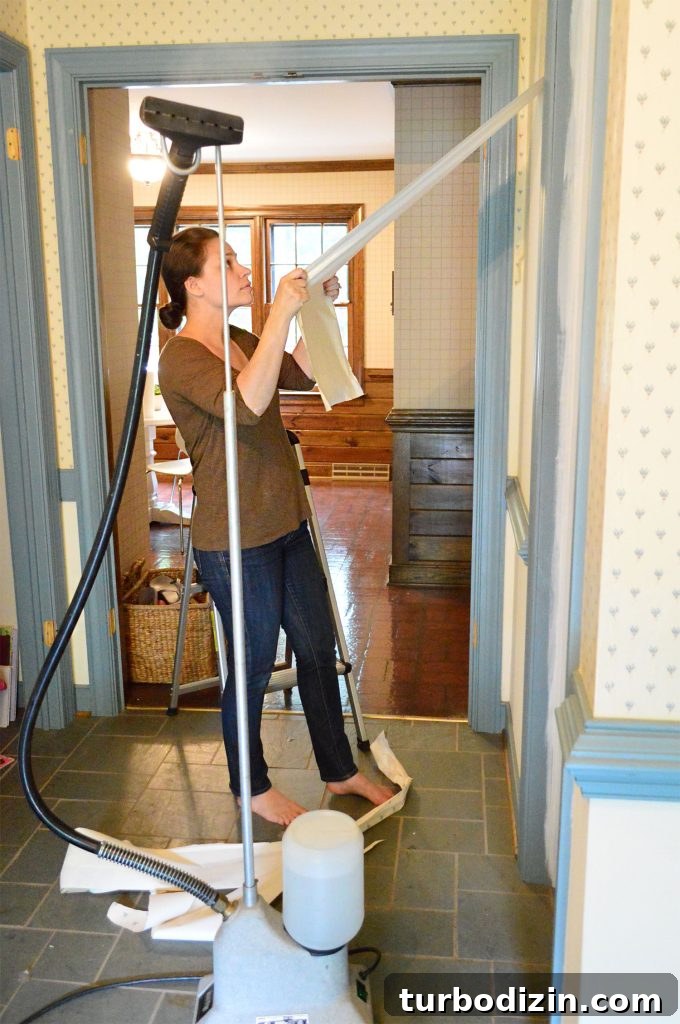 Sherry Pulling Strips Of Wallpaper Off That Have Been Steamed