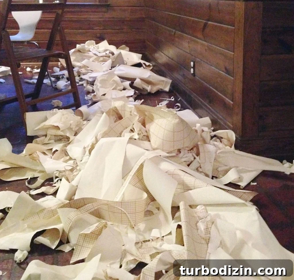 Removed Wallpaper Scraps On Floor Of Kitchen