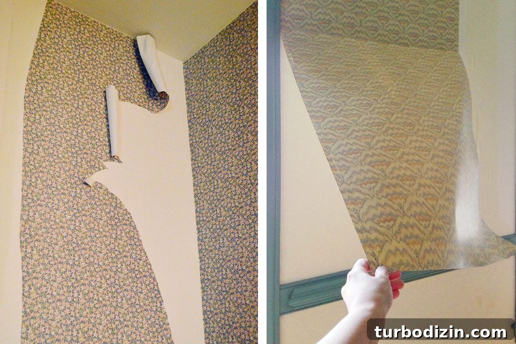 Side by Side of Torn Wallpaper Strips And Full Sheet Coming Off