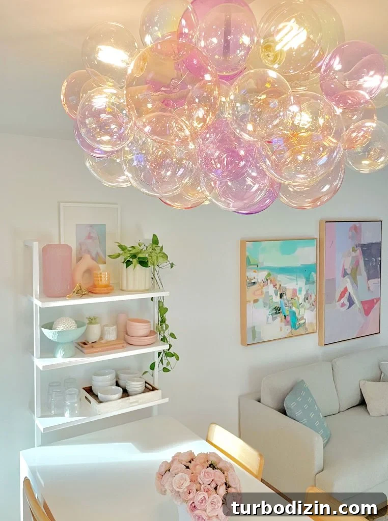 Glass Bubble Light Fixture In Purple And Pink Above Kitchen Table
