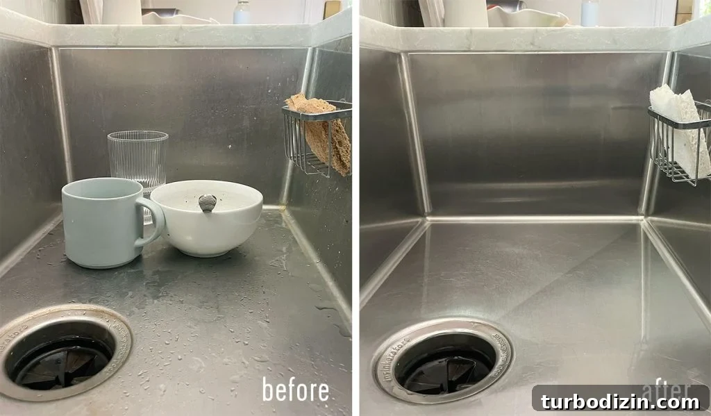 Side by side before and after of dirty and cleaned stainless steel sink