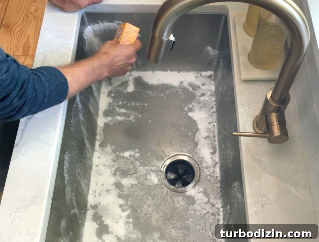 Hand sprinkling baking soda around stainless steel sink to be cleaned