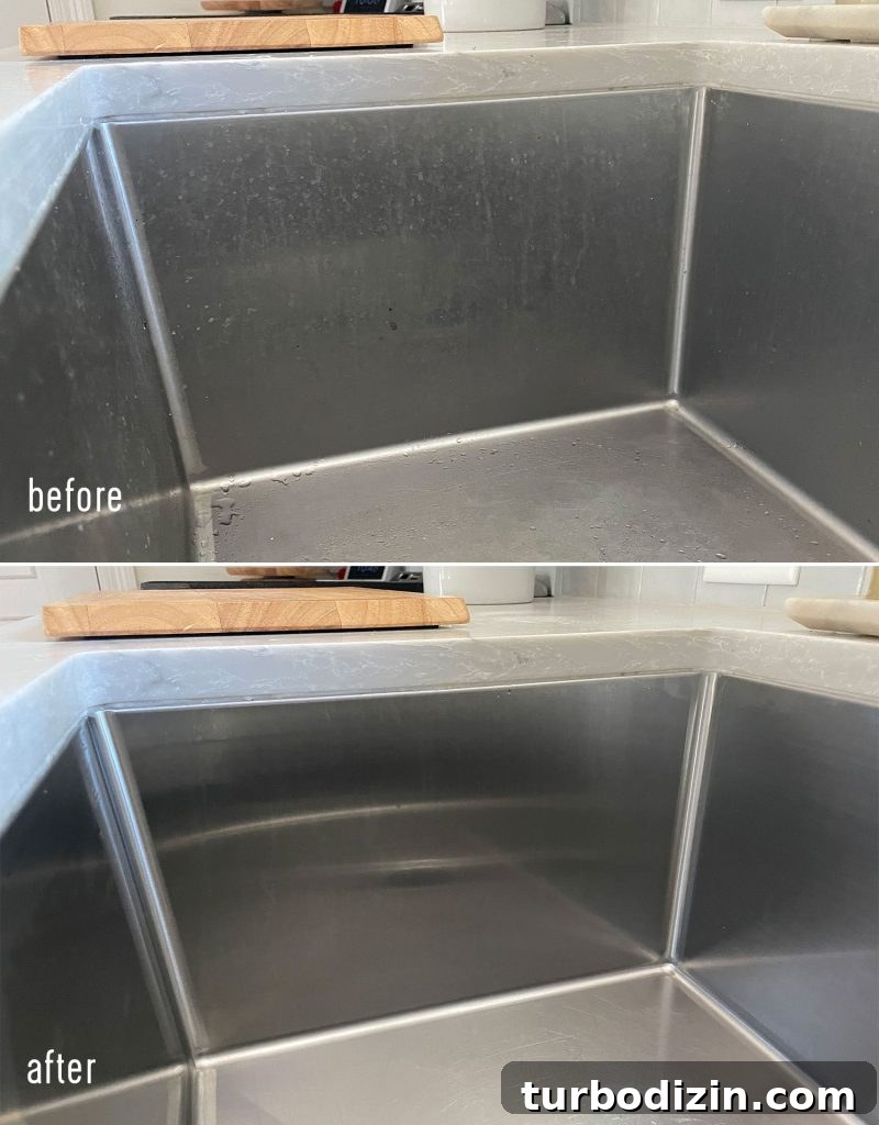 Before and after of dirty and cleaned stainless steel sink