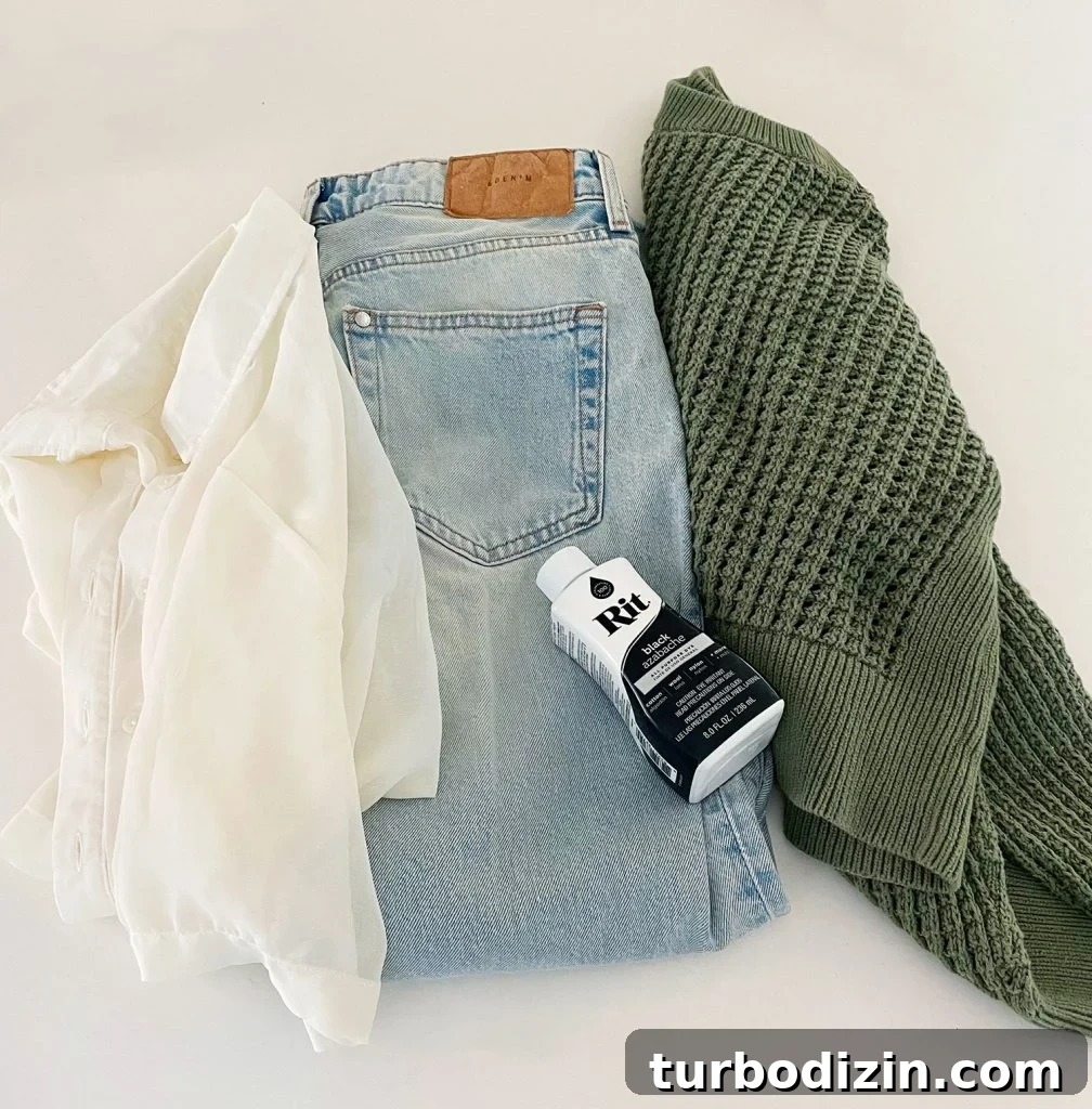 How to Dye Clothes at Home: Step-by-Step Guide for Vibrant Results 2 White Shirt Denim Jeans And Green Sweater To Be Dyed Black With Rit Fabric Dye