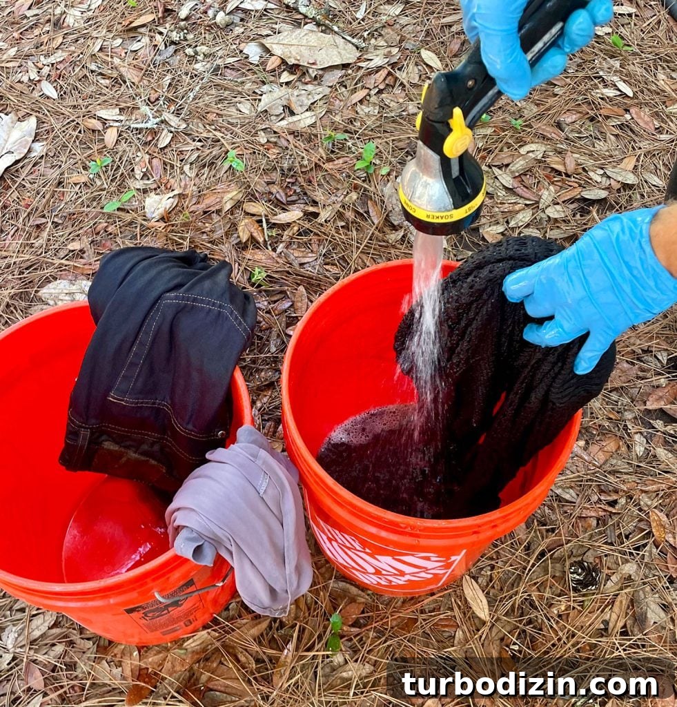 How to Dye Clothes at Home: Step-by-Step Guide for Vibrant Results 14 Rinsing Black Dyed Clothes Of Excess Rit Dye Into Bucket