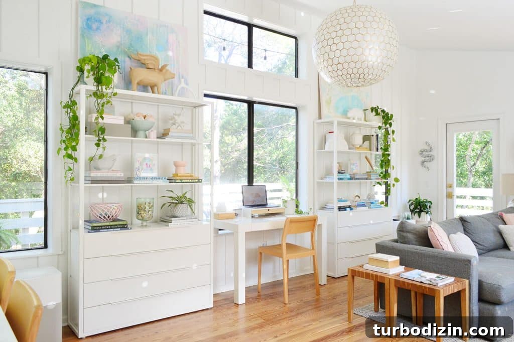 Downsizing Journey: What Changed After Nearly 5 Years 12 Light filled upstairs family room with Ikea fjalkinge shleves and west elm Parsons desk