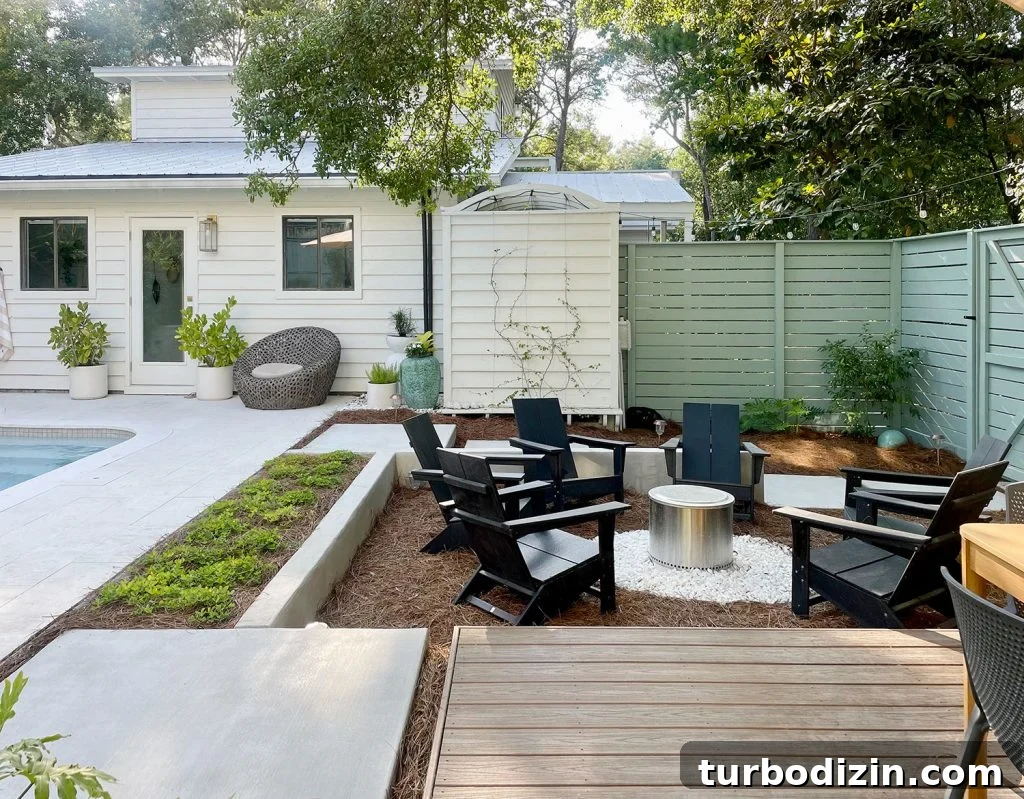 Downsizing Journey: What Changed After Nearly 5 Years 3 Sunken firepit area in larger backyard next to pool