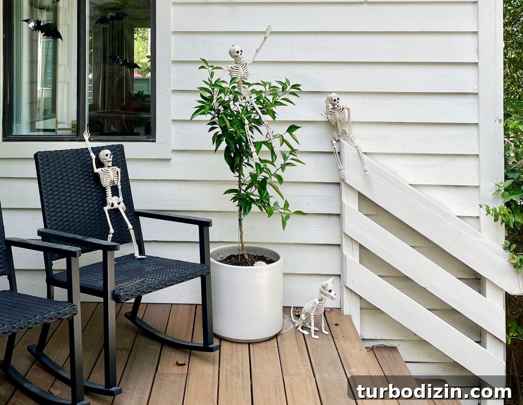 Downsizing Journey: What Changed After Nearly 5 Years 7 Skeletons On Front Porch Posed In Different Positions