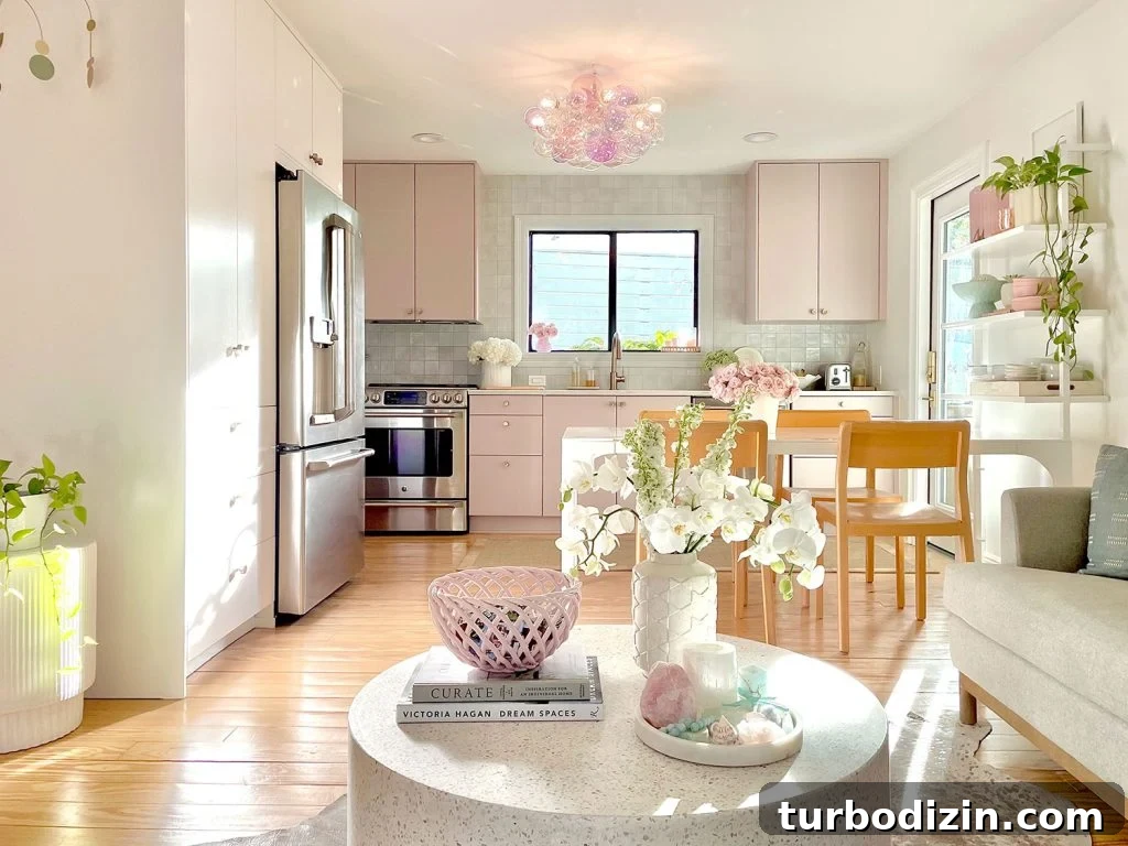 Downsizing Journey: What Changed After Nearly 5 Years 9 Small Ikea Kitchen With Mauve Cabinets And Seating Area With Terrazzo Coffee Table