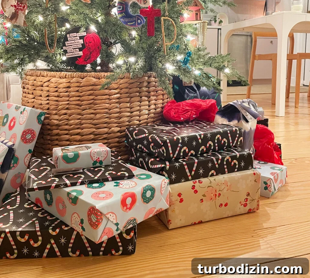 25 Creative Holiday Gift Exchange Theme Ideas to Try This Year 4 Close Up Of Christmas Presents Under A Tree With Woven Tree Skirt