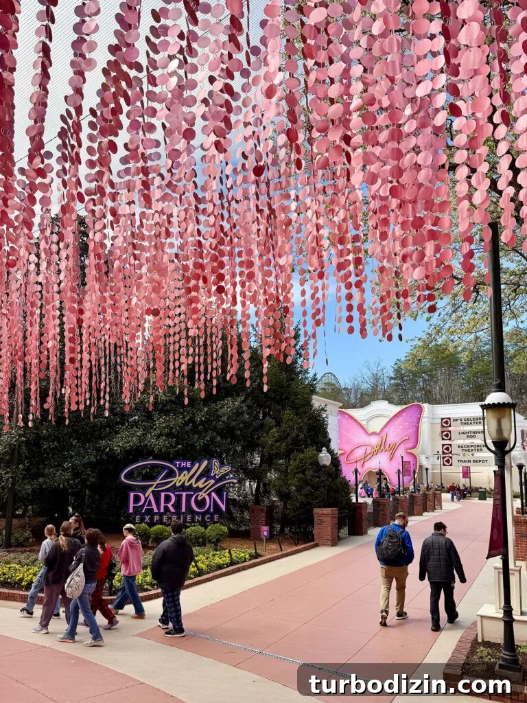 Dollywood Theme Park With Pink Art Installation Overhead