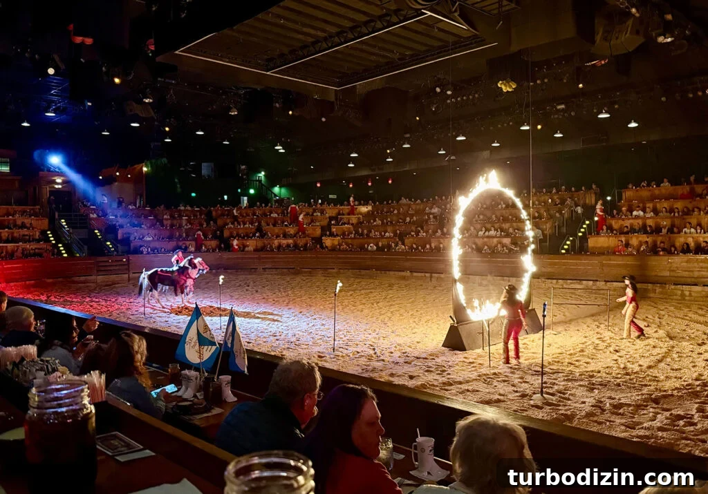 Horse Riding Stunt Through Flaming Ring of Fire at Dolly Stampede Dinner Show