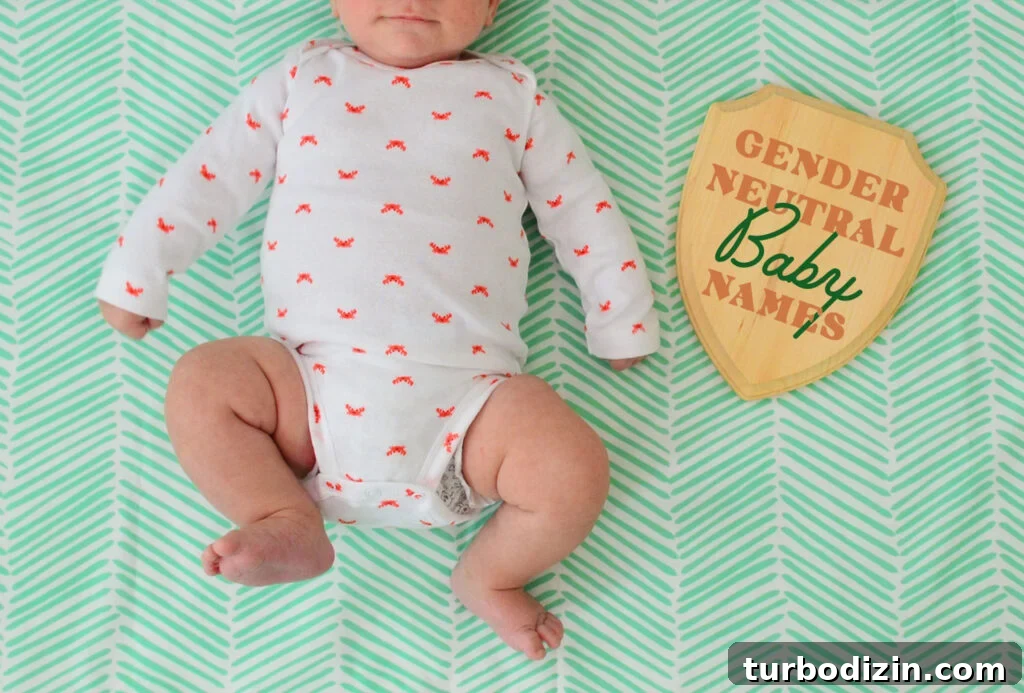 Baby On Green Backgroudn With Plaque Reading Gender Neutral Baby Names