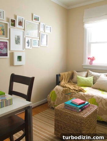 18 Expert Tips for Properly Hanging Curtains and Blinds 9 small bedroom with gallery frame wall daybed ottoman and white roman shade on window