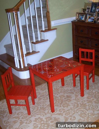 Paint Transformations: How to Refinish a Kids’ Table and Chairs 4 Finished kids table with alphabet stamps