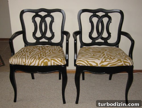 DIY Armchair Makeover: Paint and Fabric Revamp Guide 3 Reupholstered chairs with zebra print fabric