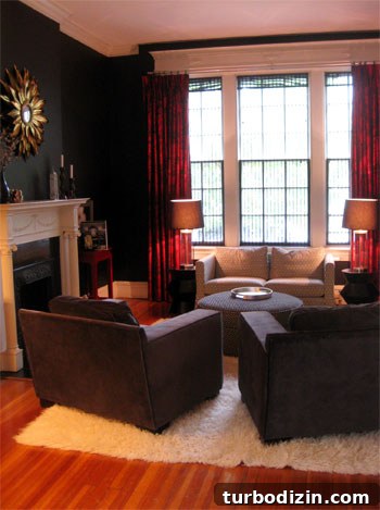 Living room with dark walls and velvet seating