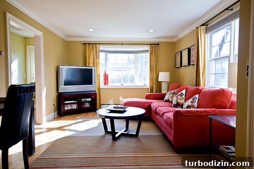 Abbey’s Living Room Makeover Featuring a Bold Red Sofa 6 Family room after 2