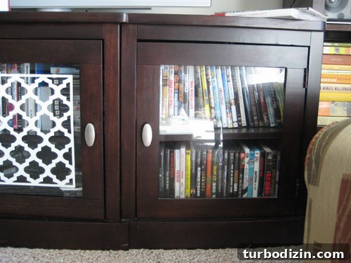 How to Frost Glass Doors on a Media Cabinet 2 Entertainment center before frosting, left door stenciled
