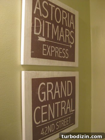DIY Vintage Wall Signs with Wood and Paper: Step-by-Step Guide 13 Finished subway signs in bathroom