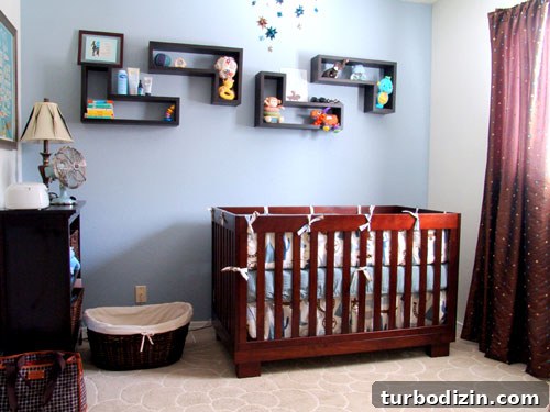 Blue Nursery Ideas: Floating Shelves and Soft Blue Paint for Baby Boy 3 Nursery after makeover