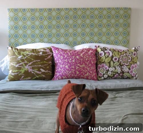 Upholstered headboard with patterned fabric
