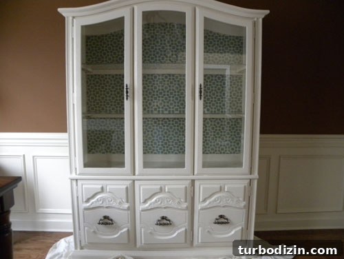 How to Paint a Wood China Cabinet White and Add Fabric Backing 3 China cabinet after makeover front view
