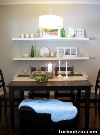 DIY Floating Shelves: Step-by-Step Build Guide with Ana White 2 dining room with white floating Ikea shelves and dark wood dining table including bench seat and drum shade pendant