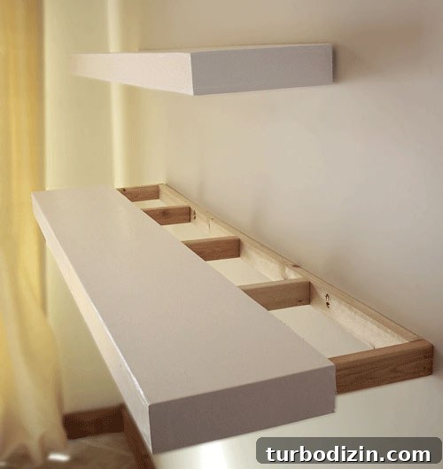 DIY Floating Shelves: Step-by-Step Build Guide with Ana White 7 wood shelf box sliding over frame hung on wall to create DIY floating shelves in the style of Ikea floating shelves