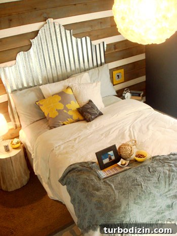Guest bedroom with tin headboard