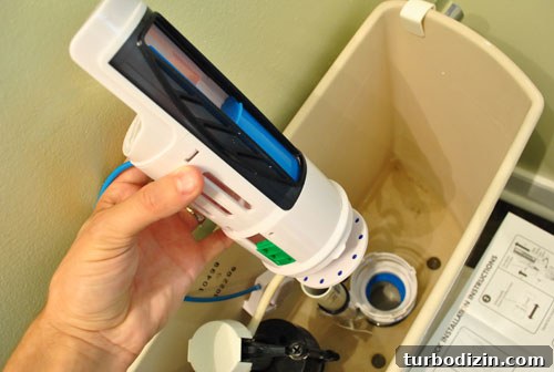 Placing flush tower in toilet tank for dual flush conversion