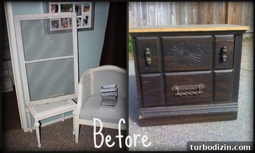 Transform a Window Screen into a Stylish Jewelry Organizer 2 Before photo of nightstand and window screen