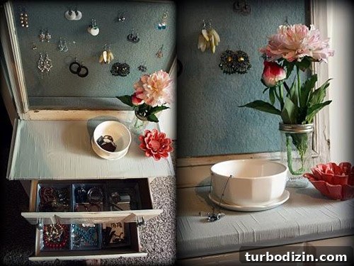 Transform a Window Screen into a Stylish Jewelry Organizer 4 Nightstand drawer organized with mirrors and bowl