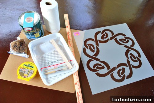 How to Paint and Stencil a Concrete Floor for Lasting Results 2 Stenciling supplies and floor layout