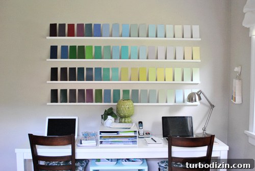 Postcard wall with paint swatch rectangles