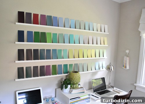 Close-up of colorful paint swatches on wall