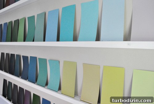 Paint swatches leaned on postcard shelf