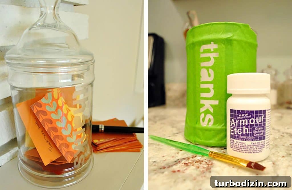 Thanksgiving Thanks Jar Craft: DIY Glass Gratitude Gift 2 Thanksgiving Glass Etching Craft Project For Thanks Jar Progress and After Photo