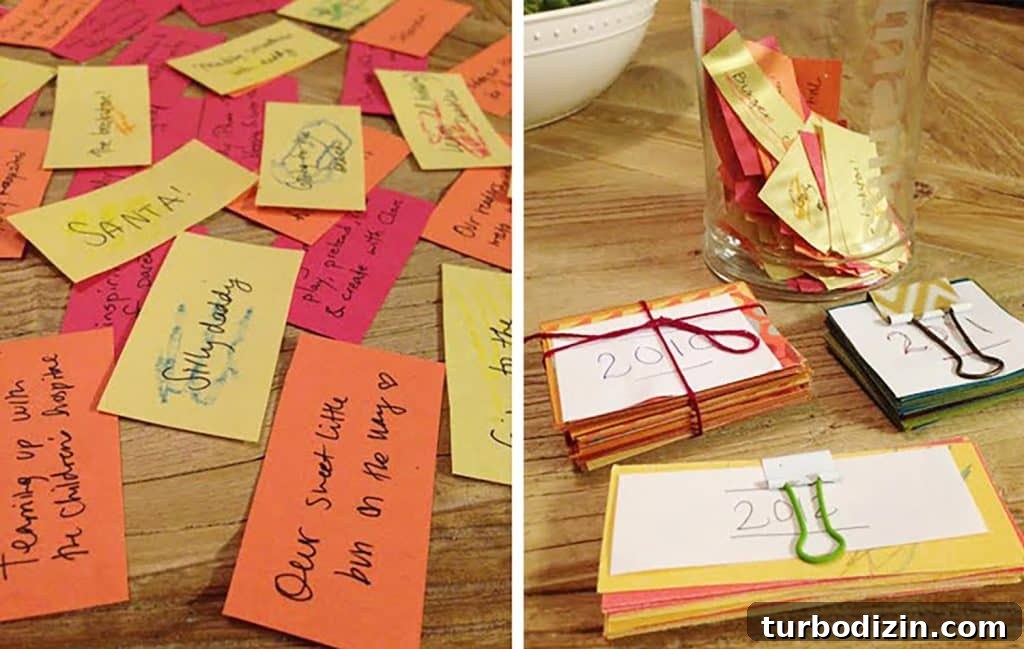 Thanksgiving Thanks Jar Craft: DIY Glass Gratitude Gift 11 Gratitude notes for Thanksgiving saved in binder clips over multiple years