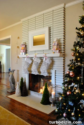 DIY Faux Christmas Presents for a Cozy Mantel Display 2 Feather trees and stockings