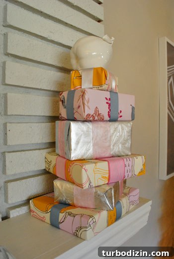 DIY Faux Christmas Presents for a Cozy Mantel Display 4 Stack of faux gifts near tree